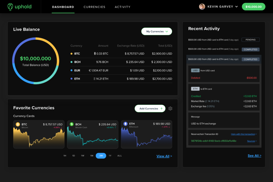 Uphold alternative dashboard screenshot